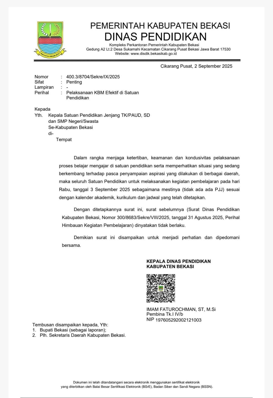 KBM di Kabupaten Bekasi Mulai Aktif Kembali 